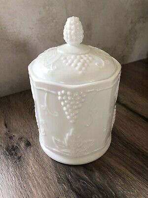 Vintage Indiana Colony Harvest Grape Milk Glass 7 1/2” Canister Jar w/Lid  | eBay Milk Glass Display, Milk Glass Centerpiece, Milk Glass Decor, Glass Jar With Lid, Milk Glass Collection, The Colony, Glass Jars With Lids, Glass Canisters, Cylinder Shape