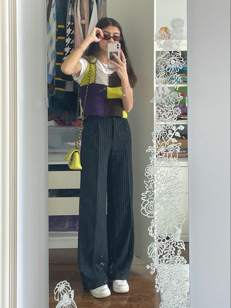 Style Pinstripe Pants, Knitted Vest Outfit Summer, Green Knit Vest Outfit, Crochet Vest Aesthetic, Green And Purple Outfit Aesthetic, Pinstripe Vest Outfit, Purple Vest Outfit, Stripe Vest Outfit, Pinstripe Pants Outfit