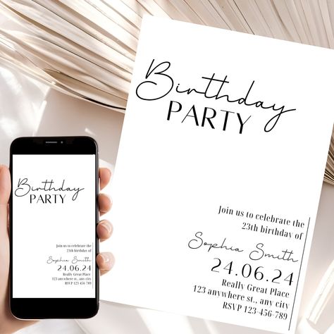 Minimal Birthday Invitation Template | Elegant Birthday | Minimal Party | Beautiful invite | Editable | Digital | Printable | Customizable Birthday Minimal, Pool Wedding, Web Platform, Elegant Birthday, Birthday Invitation Template, Text Fonts, Editable Invitations, Printable Invitations, Digital Invitations