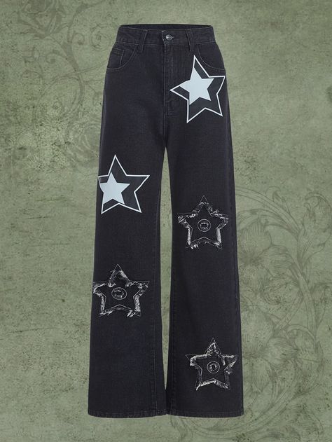 Custom Black Jeans, Drawn On Jeans, Senior Pants, Star Fits, Summer Jean Shorts Outfit, Bespoke Denim, Long Jeans Skirt, Jean Skirt Outfits, Grunge Jeans