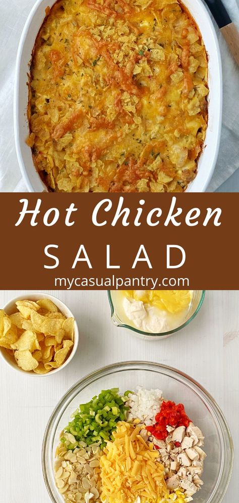 Hot Chicken Salad with potato chip topping- this retro comfort dish is a casserole version of chicken salad with a few twists. This recipe has plenty of textures and flavors and is perfect for using up leftover chicken. Hot Chicken Salad, Hot Chicken Salads, Leftover Turkey Casserole, Turkey Casserole, Bbq Bacon, Potato Chip, Comfort Dishes, Keto Meal Prep, Hot Chicken