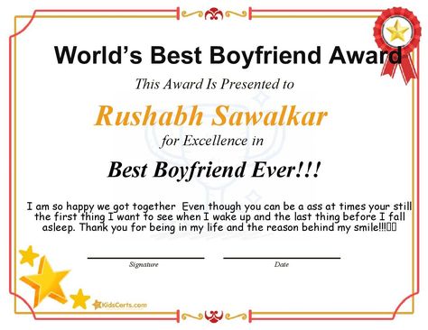 Best Boyfriend Ever!!! Best Bf Award Certificate, Sertifikat Best Boyfriend, Boyfriend Award Certificate Template, Best Boyfriend Award Certificate, Best Bf Award, Boyfriend Certificate, Best Boyfriend Award, Diy Presents For Boyfriend, Robot Box