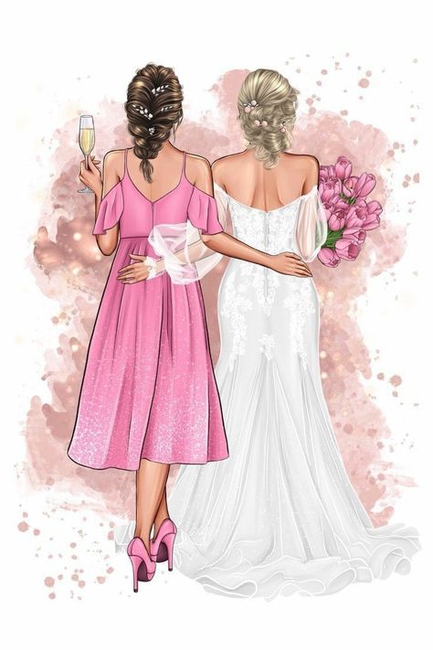 Best Friend Clip, Bride Clipart, With Bridesmaid, Bride Friend, Wedding Dress Sketches, Wedding Drawing, Wedding Clip, Best Friend Wedding