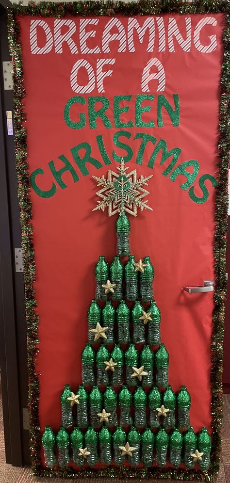 Reduce, Reuse, Recycle…Great activity for kids to help with! Recycled Christmas Door Decor, Recycle Christmas Decorations, Christmas Door Contest, Christmas Door Design, Christmas Fundraiser, Recycled Christmas Decorations, Therapy Fun, Door Decorations Classroom Christmas, Christmas Doors