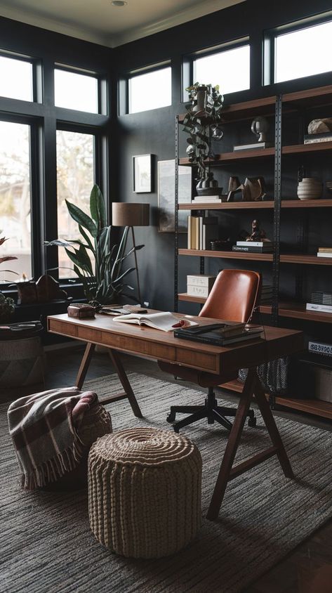 Home Office Writer, Moody Mid Century Modern Office, Mauve Home Office, Modern Moody Office, Dark Green Office Ideas, Home Office Inspiration Workspaces, Modern Industrial Home Office, Male Home Office, Moody Office Inspiration