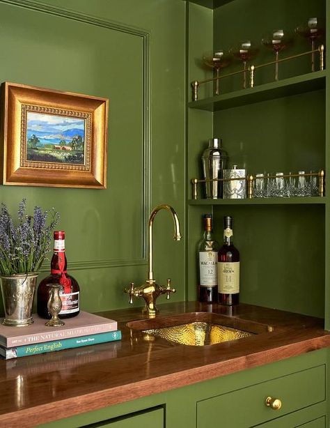 Small Wet Bar, Wet Bar Cabinets, Wet Bar Sink, Green Shelves, Home Wet Bar, Lacquered Walls, Closet Bar, Saint Andrews, Paint Bar