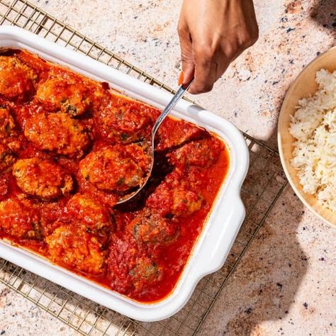 Soutzoukakia (Baked Spiced Meatballs In Tomato Sauce) | America's Test Kitchen Recipe Soutzoukakia Greek Meatballs, Spiced Meatballs, Meatballs In Tomato Sauce, Greek Meatballs, America's Test Kitchen Recipes, Vegetable Pasta, Best Meat, Kitchen Recipe, America's Test Kitchen