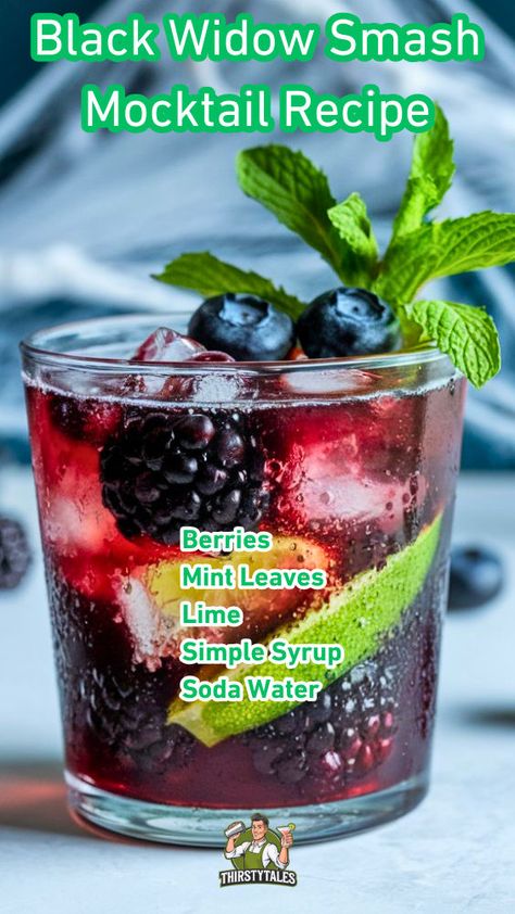 "Discover the perfect blend of spooky and delicious with our Black Widow Smash Mocktail Recipe! This non-alcoholic delight features dark berries for a creepy twist, making it ideal for Halloween celebrations. Enjoy the refreshing flavors of our Black Widow Smash Non-Alcoholic drink, perfect for all ages. Try this easy Berry Smash Mocktail and impress your guests with a truly haunting experience. Perfect for any occasion, this Black Widow Mocktail Recipe is sure to be a hit!" Mocktails Non Alcoholic Sparkling Grape Juice, Witchy Drinks Non Alcoholic, Black Cherry Mocktails, Black Mocktails, Easy Mocktail Recipes Non Alcoholic, Mocktail Recipes Non Alcoholic, Mocktails Non Alcoholic Easy, Sparkling Grape Juice, Easy Mocktail Recipes