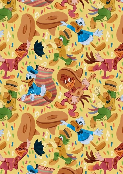 Three Happy Chappies! by Mariana Avila Yellow Disney Wallpaper, Three Caballeros Wallpaper, Disney Characters Collage, Disney Pattern Background, Epcot Background, Epcot Illustration, Orange Bird Disney Wallpaper, The Three Caballeros, Mariana Avila