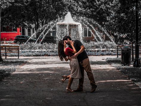 City wedding fountain park fall engagement Engagement Photos Fountain, Fountain Poses, Elegant Engagement Photos, Fountain Park, Engagement Announcement Photos, Prom Pics, Announcement Photos, Shoot Poses, Engagement Photography Poses