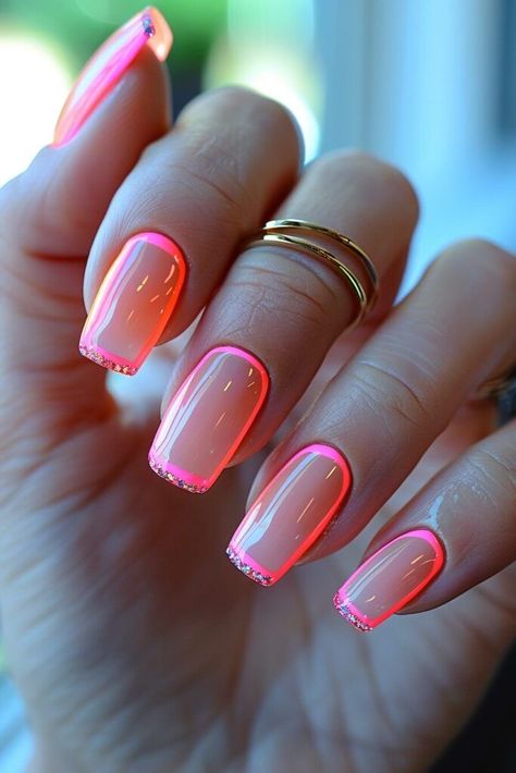 Trendy Summer Nails French Tip, Neon Nails Designs Summer 2024, Neon Pink French Tips, Neon Colored Nails, Different French Manicure Ideas, Fun Neon Nails, Pink Tips Nails, French Nails With A Twist, Neon French Tip Nails