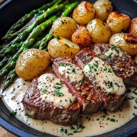 chef carla hall recipes | **Would you eat Steak and Seafood Skillet with Garlic Parmesan Cream Sauce 🥩🦐 Ingredients 🛒 3-4 small steak medallions or filet mignon cuts 8... | Facebook Seafood Skillet, Carla Hall Recipes, Steak Medallions, Steak Meals, Garlic Parmesan Cream Sauce, Carla Hall, Parmesan Cream Sauce, Steak And Seafood, Garlic Parmesan