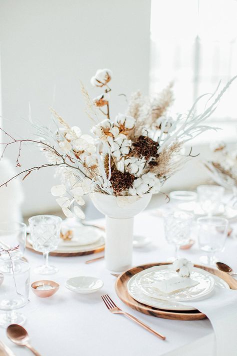 The Hottest Wedding Flower Trend: Dried Flowers | OneFabDay.com Winter Table Decorations, Germany Wedding, Wedding Flower Trends, Industrial Chic Wedding, Dried Flowers Wedding, Tafel Decor, Wedding Furniture, Winter Table, Cotton Flower