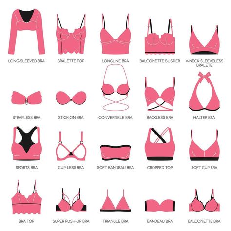 Types of bras. Big vector collection of lingerie. Set of underwear, balconette, strapless, unlined, super push-up, soft-cup, longline, sports and triangle bra. Set of isolated pink icons with bras. Bra Chart, Types Of Bras, Super Push Up, Pink Icons, Wedding People, Beauty Cream, Bra Types, Logo Banners, Triangle Bra