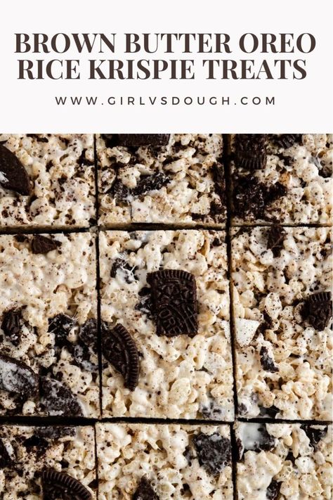 Brown butter, cookies and cream, and gooey marshmallows combine in these easy and decadent crispy rice cereal bars. #ricekrispiebars #oreos #nobakedessert Oreo Rice Krispies, Easy Food Dishes, Oreo Rice Krispie Treats, Oreo Rice, Rice Krispie Treats Recipe, Brown Butter Cookies, Oreo Flavors, Krispie Treats Recipe, Crispy Rice