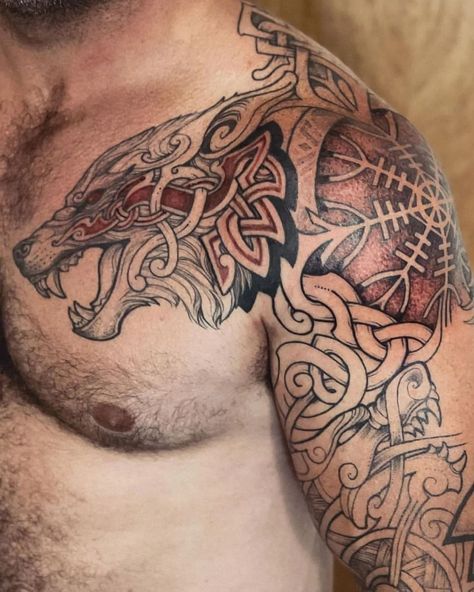 Slavic Dragon Tattoo, Norse Back Tattoo Ideas, Paganism Tattoo, Viking Knotwork Tattoo, Nordic Wolf Tattoo, Viking Sleeve Tattoo, Viking Wolf Tattoo, Celtic Wolf Tattoo, Celtic Sleeve Tattoos