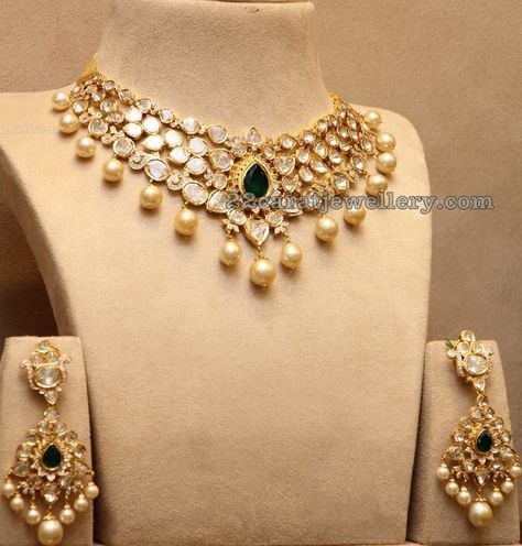 Pachi Work Jewellery, Latest Bridal Jewellery Designs, Latest Bridal Jewellery, Beautiful Diamond Necklace, Saree Bollywood, Perhiasan India, Silver Dog, Gold Necklace Indian Bridal Jewelry, Jewelry Set Design