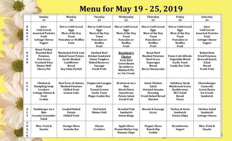 Meal Planning Ideas Weekly, Summer Meal Ideas, Breakfast Snap, Senior Meals, Assisted Living Homes, Senior Assisted Living, Fruit Toast, Weekly Menu Template, Spring Template