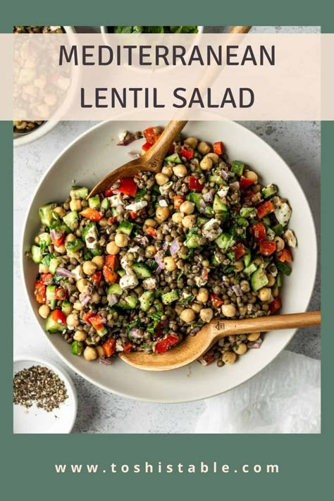 Easy Mediterranean lentil salad with chickpeas is a high-protein vegetarian dish that can be made in just 40 minutes! The earthy lentils and firm chickpeas pair well with the salty feta and crunchy chopped veggies. Chickpea Recipes Mediterranean, Lentil Salads, Mediterranean Lentil Salad, Mediterranean Lentil Recipes, High Protein Side Dishes, Lentil Salad Recipes, Lentils Beans, French Green Lentils, Vegetarian Salads