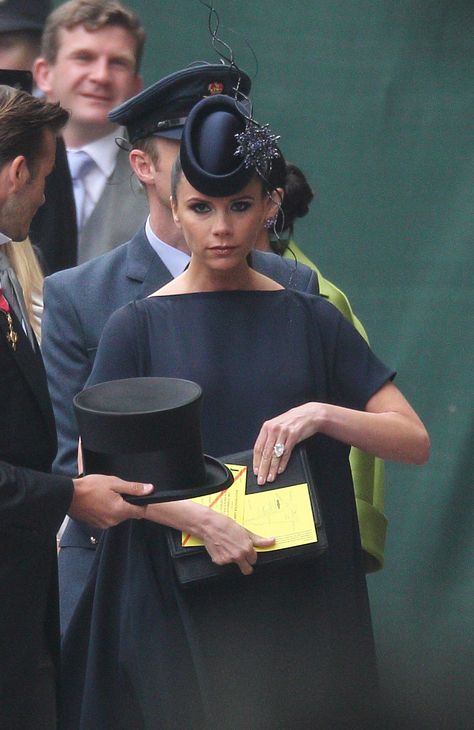 The 1 Major Difference Between Victoria Beckham's Royal Wedding Outfits Royal Wedding Outfits, Autumn Kelly, Navy Outfits, Philip Treacy Hats, Navy Fascinator, Middleton Wedding, White Fascinator, Floral Fascinators, Green Fascinator