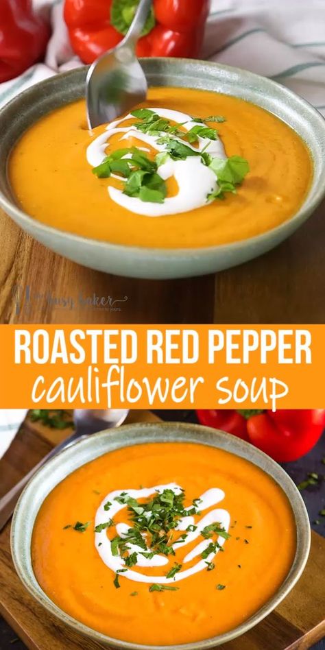 Pasti Fit, Resep Diet, Vegan Soup Recipes, Roasted Red Pepper, Cauliflower Soup, India Food, Vegan Soup, Easy Soups, Easy Soup Recipes