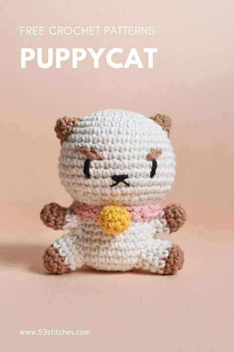 Free crochet pattern for a cute puppycat, a cross between a puppy and a,#Puppy_Cat_Crochet_Pattern #Crochet_Bee_And_Puppycat #Beginner_Crochet_Projects_Patterns #Puppycat_Plush_Pattern Beginners Amigurumi Patterns Free, Puppy Cat Crochet Pattern, Puppy Cat Crochet, Easy Kawaii Crochet, Cute Free Pattern Crochet, Crochet Cute Amigurumi Free Patterns, Bee And Puppycat Crochet, Beginner Crochet Plush Pattern Free, Cute Things To Sew For Beginners