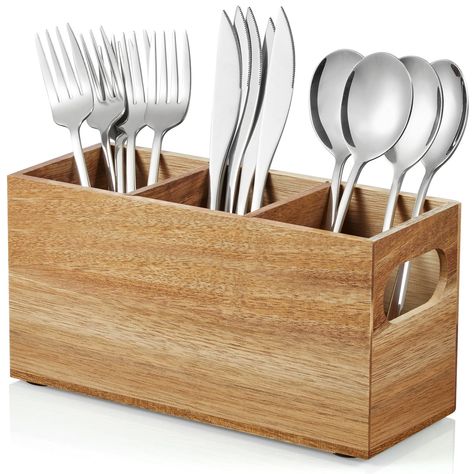 PRICES MAY VARY. Silverware Holder with Removable Dividers: The 3-compartment utensil caddy is perfect for knives, forks, and spoons, and will help you keep your cutlery or other kitchen essentials separated and organized. Tabletop cutlery organizer is easy to access at any time and eliminates cluttered silverware drawer Portable & Lightweight: The silverware holder for party comes with 2 built-in handles and the portable design makes it perfect for moving from place to place. This cutlery holde Wood Cutlery Holder, Silverware Caddy Ideas, Utinsel Holder Ideas Kitchen, Cutlery Storage Ideas, Silverware Holder For Party, Cutlery Organization, Wooden Cutlery Holder, Utensils Organization Ideas, Wooden Spoon Holder