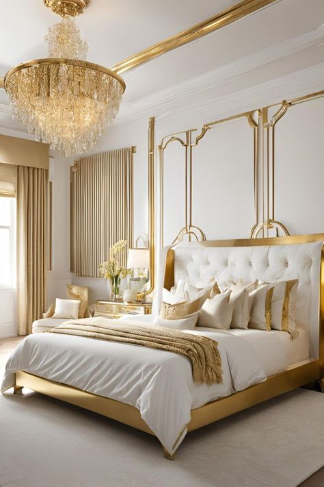 White And Gold Bedroom Aesthetic, Bedroom Ideas Gold, Cream And Gold Bedroom, Classic Bedroom Ideas, Bedroom Ideas White, Dreamy Bedroom Ideas, Golden Bedroom, Gold Bedroom Ideas, Grey And Gold Bedroom