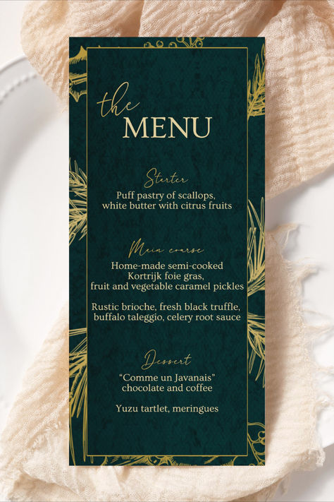 Set the tone for a festive celebration with our Green Gold Christmas Menu Template. Perfect for Christmas parties, holiday dinners, and New Year's celebrations. This editable digital template is a quick and stylish solution for creating a personalized menu. Instantly download and customize to add a touch of sophistication to your festive gatherings. Christmas Menu Design Ideas, Holiday Menu Design, New Year Menu Design, Holiday Party Design, Christmas Menu Design, Christmas Menu Template, Green Gold Christmas, Fine Dining Menu, New Year Menu