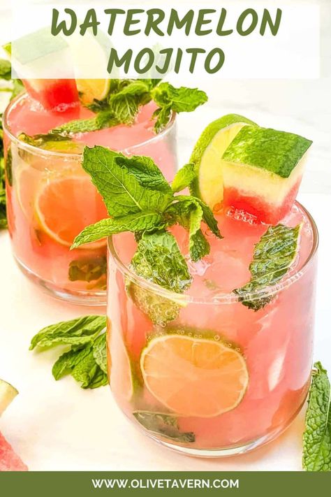 Watermelon Mojito - olivetavern.com Watermelon Mint Cocktail, Watermelon Lime Drink, Fruit Mojito Recipe, Light Cocktail Recipes, Traditional Mojito Recipe, Light Summer Cocktails, Watermelon Cocktail Recipes, Fresh Fruit Cocktails, Recipes With Fruit Cocktail