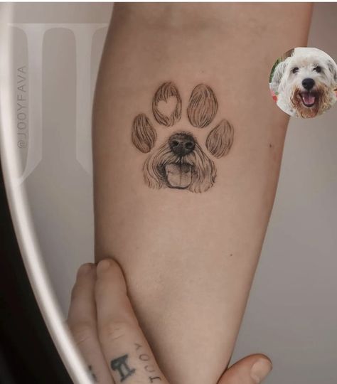 Small Yorkie Tattoo, Paw Tattoo Placement, Lhasa Apso Tattoo, Dog Leg Tattoo, Bichon Frise Tattoo, Dog Paw Print Tattoo Ideas, Tattoo Perro, Tatoo Dog, Pet Memorial Tattoo