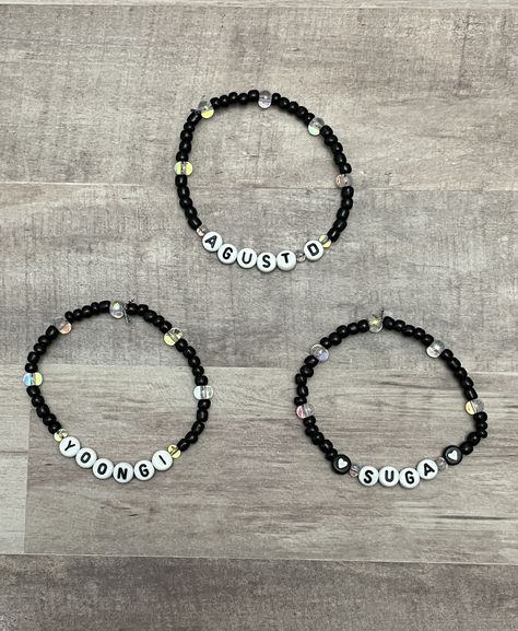 "Agust D, Yoongi and Suga bracelets. Get one, two or the whole set!  Sets available in small or large. Small is approx 6\"  and Large are approx 8\"-9\".Please order accordingly.   Clear bead sizes many vary depending on availability.  -Stretchy to fit most wrists -Comfortable  -Great for gifts or his upcoming concert -Freebies with every order! ✨Please Read!✨ Make sure your address is USPS VERIFIED on your order or you may not receive it!  -Once items are mailed out it is out of our hands and we are NOT responsible for lost, damaged or stolen packages. -We do not accept cancellations, send replacements or give refunds. - Follow us on Instagram  @a.c.kshop - Please message us with any questions. Thank You!" Jewelry Kpop, Bts Bracelet, Diy Bracelets Patterns, Agust D, Cute Bracelets, Bracelet Patterns, Star Fashion, Diy Bracelets, Get One