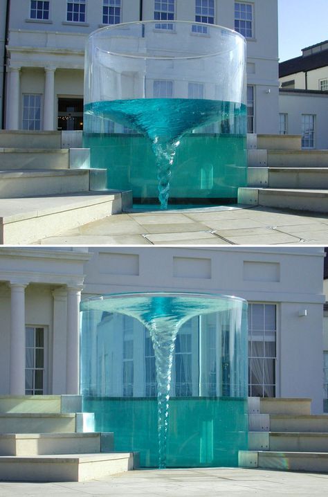 Vortex Fountain 'Charybdis', Sunderland, UK- Charybdis was created by the water sculptor William Pye in 2000 for the luxury Seaham Hotel and Spa, near Sunderland in Northern England. Charybdis is the name of a siren mentioned in Homer’s Odyssey, who was hit by a thunderbolt from Zeus that transformed her into a whirlpool as harsh punishment for stealing an oxen from Hercules. Vortex Fountain, Vortex Water, Water Fountain Design, Water Sculpture, Fountain Design, Stained Glass Ornaments, Isamu Noguchi, Trevi Fountain, Sunderland