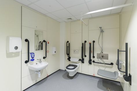 Hospital washrooms. Hospital ensuite. Healthcare solutions. Healthcare toilets. Hospital Bathroom, Hospital Interior, Hospital Room, Toilet Design, Universal Design, Toilets, Space Design, Queen Elizabeth, Design Style