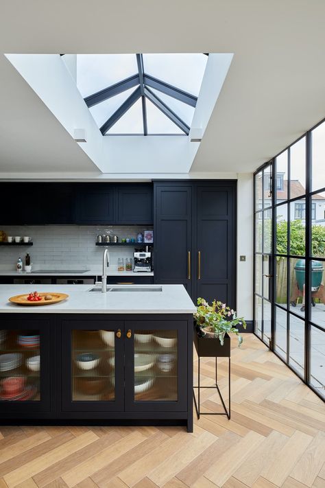 kitchen extension idea crittall windows Kitchen Extension Layout, Kitchen Extension Ideas, Crittall Windows, Modern Kitchen Window, Cottage House Interior, Conservatory Kitchen, Kitchen Diner Extension, Kitchen Cost, Skylight Kitchen