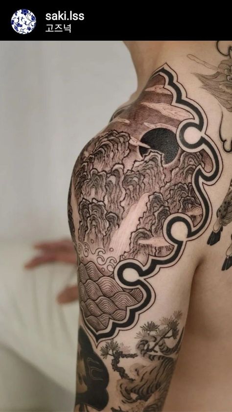 Porcelain Mountain Tattoo by Saki Traditional Korean Tattoo Design, Korean Tattoo Style, Porcelain Style Tattoo, Korean Sleeve Tattoo, Korean Tattoo Sleeve, Korean Traditional Tattoo, Korean Flower Tattoo, Tattoo Korean Style, Korean Style Tattoo