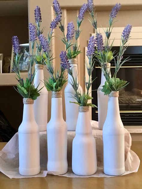 Centerpiece With Bottles, Lavender And Burlap Wedding, Lavender Table Decoration, Lavender Wedding Table Centerpieces, Simple Lavender Wedding Decor, Lavender Boho Party Decor, Wedding Shower Lavender, Lavender And Green Wedding Decorations, Lavender Flower Decor