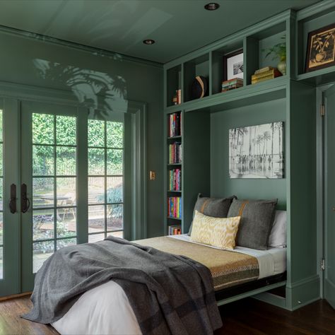 Cool Murphy Bed, Dark Green Guest Room, Study With Murphy Bed, Cottage Murphy Bed, Murphy Bed With Cabinets, Murphy Bed In Library, Murphy Bed In Playroom, Murphy Bed Rooms, Murphy Bed Small Room