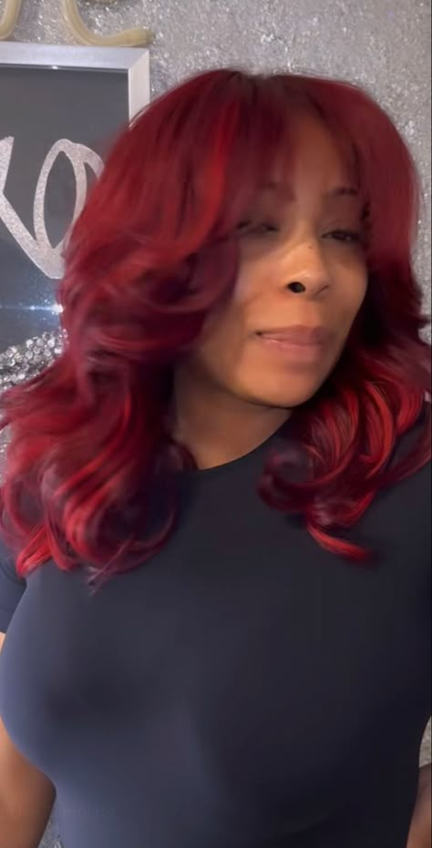 Bright Red Hair On Brown Skin, Leave Out Hairstyles, Red Hair On Brown Skin, Red Hair On Dark Skin, Natural Silk Press, Hair Styles Girl, Photoshoot Hairstyles, Red Straight Hair, Red Hair With Blonde Highlights