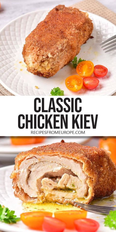 Classic Chicken Kiev - Recipes From Europe Chicken Keiv Recipe, Chicken Kiev Recipe, Chicken Kiev, Breaded Chicken Breast, Breaded Chicken, Delicious Chicken, Herb Butter, Classic Dishes, Yum Yum Chicken