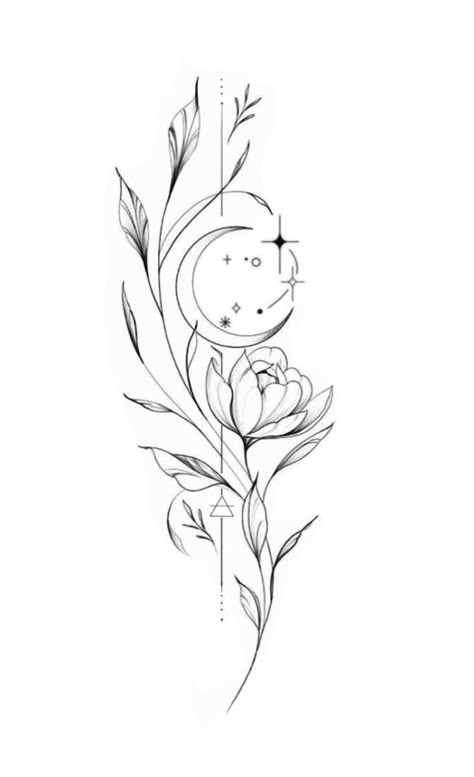 Unic Tattoo Women, Simple Large Tattoos, November Birth Flower Spine Tattoo, Dainty Compass Tattoo Feminine, Women Torso Tattoo, Moon And Flowers Tattoo Design, Hilda Tattoo, Tattoo Ideas For Women Flowers, Owl With Flowers Tattoo