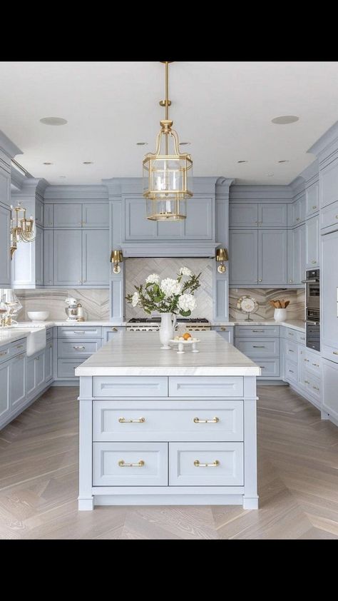 Bathroom And Kitchen Ideas, Cool Tones Kitchen, Dusty Blue Kitchen Island, Blue And Gold Kitchen Decor Ideas, European Style Kitchen Modern, Contemporary Blue Kitchen, Best Blue For Kitchen Cabinets, Navy Blue House Decor, Blue And Marble Kitchen