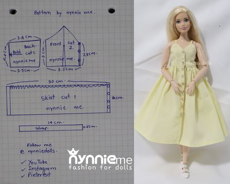 Pattern for Barbie Curvy by nynnie me (DIY How to make on YouTube@nynniedolls) Curvy Barbie Pattern, Nynnie Me Patterns, Curvy Barbie Clothes, Curvy Pattern, Diy Doll Clothes Patterns, Barbie Sewing, Barbie Dress Pattern, Sewing Barbie Clothes, Barbie Sewing Patterns