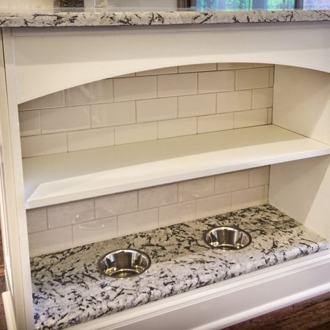 Dog Bowl Drawer - Photos & Ideas | Houzz Dog Feeding Station In Island, Kitchen Dog Food Station, Where To Put Dog Bowls In House, Pet Bowls In Kitchen, Built In Dog Bowl, Dog Bowl Drawer, Dining Room Design Transitional, Cat Food Station, Dog Food Station