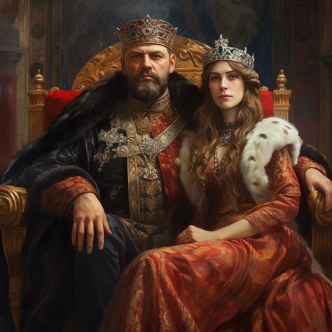 King Sitting On Throne Pose, Medieval King And Queen, Royalty Portraits, King And Queen Pictures, Era Medieval, Persian Warrior, Queen Drawing, King Painting, Fantasy Queen