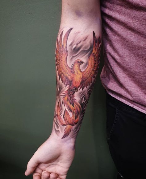 Phoenix Tattoo Men Sleeve, Flames Tattoo Sleeve, Forearm Phoenix Tattoo For Men, Phoenix Forearm Tattoo, Fire Phoenix Tattoo, Phoenix Tattoo Arm, Feniks Tattoo, Phoenix Tattoo Men, Phoenix Tattoo Sleeve