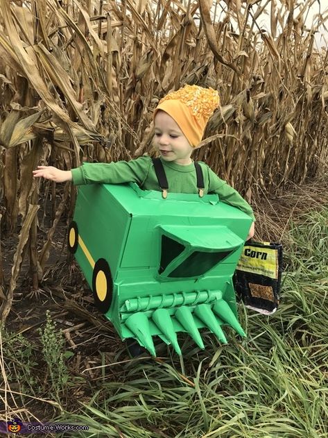 Diy Combine Costume, Tractor Costumes For Toddlers, Diy Tractor Costume, Combine Costume, Jd Costume, Tractor Costume, Farmer Halloween Costume, Wagon Costume, Farmer Halloween