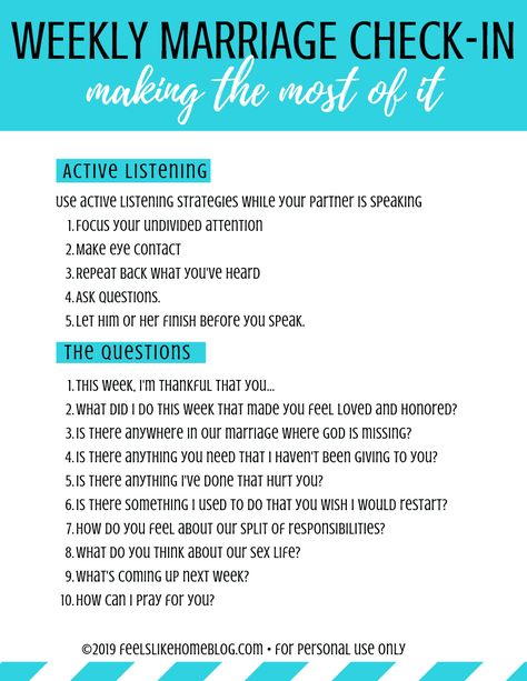 Use these marriage check in questions for your next marriage check up. Whether you have a daily, weekly, or monthly checkup, these insightful questions will be useful. To learn how to have a marriage checkup with your spouse, just click on the image for my step-by-step guide. #marriage #strongmarriage Marriage Ideas Things To Do, How To Improve Marriage, Improving Communication In Marriage, Communication Tips Couples, Better Communication Marriage, Weekly Couple Check In, Marriage Questions Communication, Dating In Marriage, Weekly Marriage Meeting