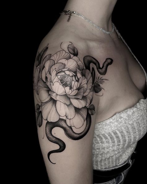 Peony Snake Tattoo, Snake Cover Up Tattoo, Snake Tattoo Around Arm, Snake Peony Tattoo, Snake Shoulder Tattoo, Feminine Snake Tattoo, Gardenia Tattoo, Traditional Snake Tattoo, Fingerprint Tattoos