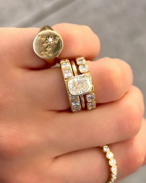 goodstone_inc on March 13, 2024: "STACK BREAKDOWN💍 A stack full of sparkle and Bezels✨ If the cool girl aesthetic were a ring style, it would be a bezel set. Perfect ..." Full Bezel Engagement Ring, Bezel Engagement Ring With Wedding Band, Send To Your Bestie, Bezel Eternity Band, Cool Girl Aesthetic, Bezel Engagement Ring, Ring Style, The Cool, Bezel Setting